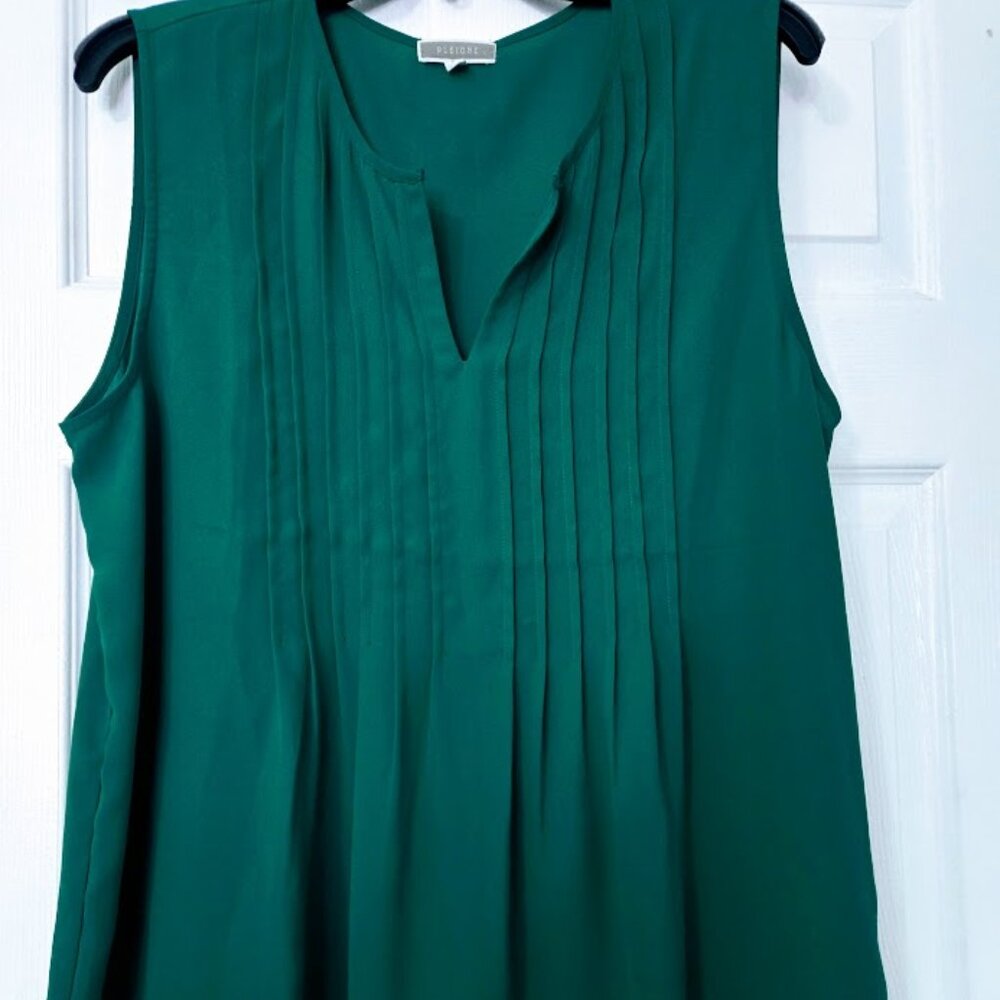 Pleione dark green sleeveless top pleated‎ front Size L